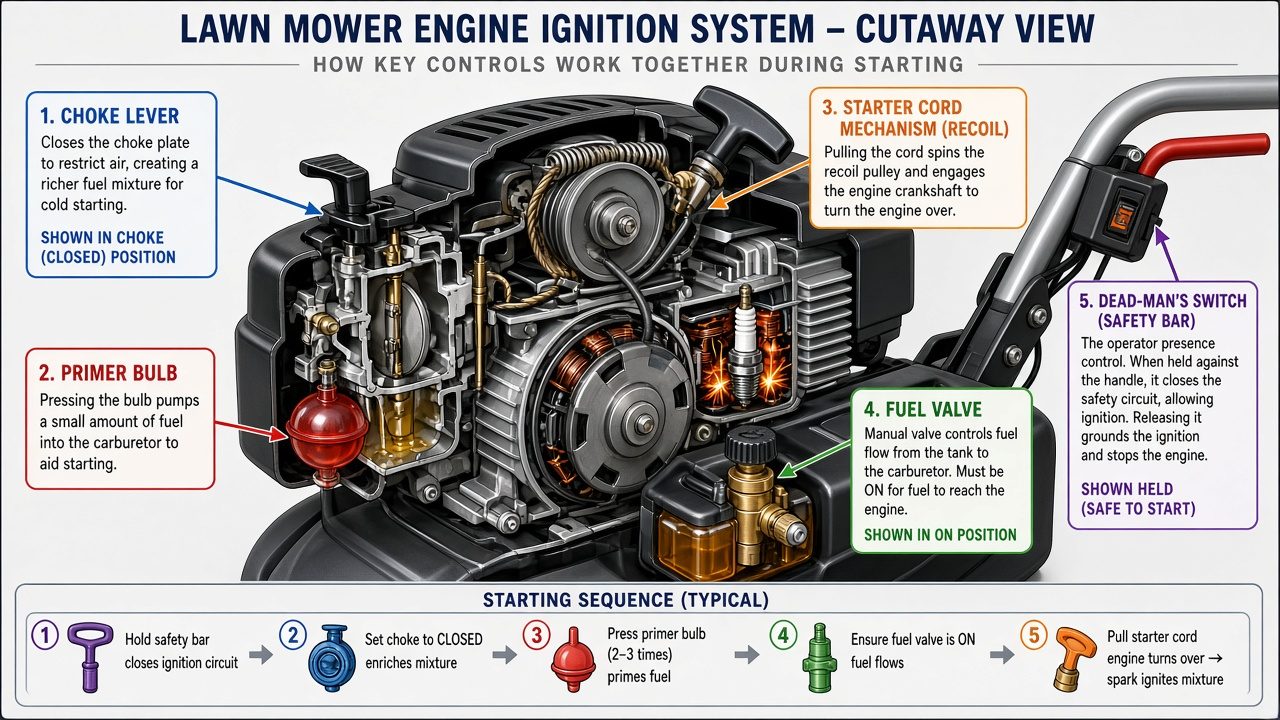 Diagram of lawn mower engine components including choke, primer bulb, starter cord, and safety bar