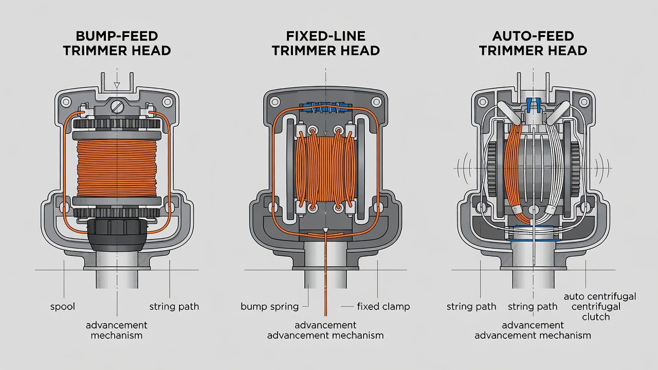 Comparison of three weed eater head types and their internal mechanisms