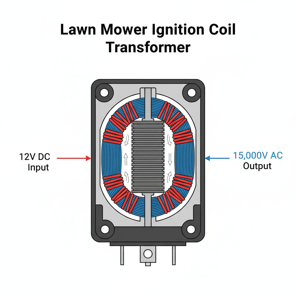 Ignition coil transformer cross-section showing voltage conversion