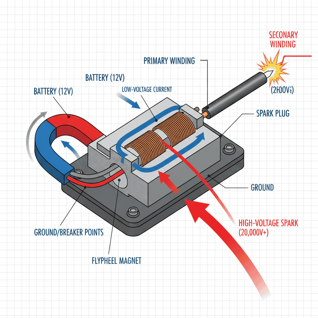 An illustration showing the internal windings and function of a lawn mower ignition coil.