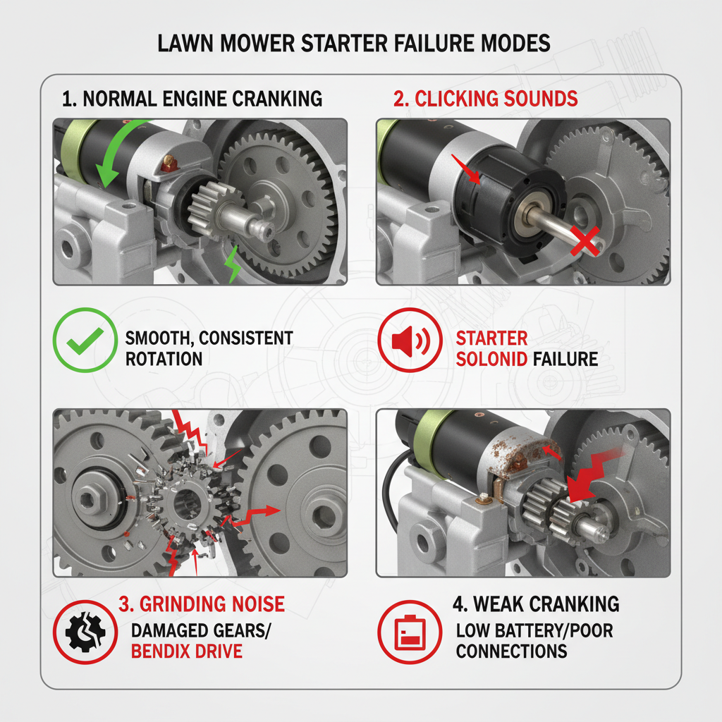 How Do You Test a Lawn Mower Starter? Step-by-Step Diagnosis Guide Four diagnostic indicators showing different lawn mower starter problem symptoms