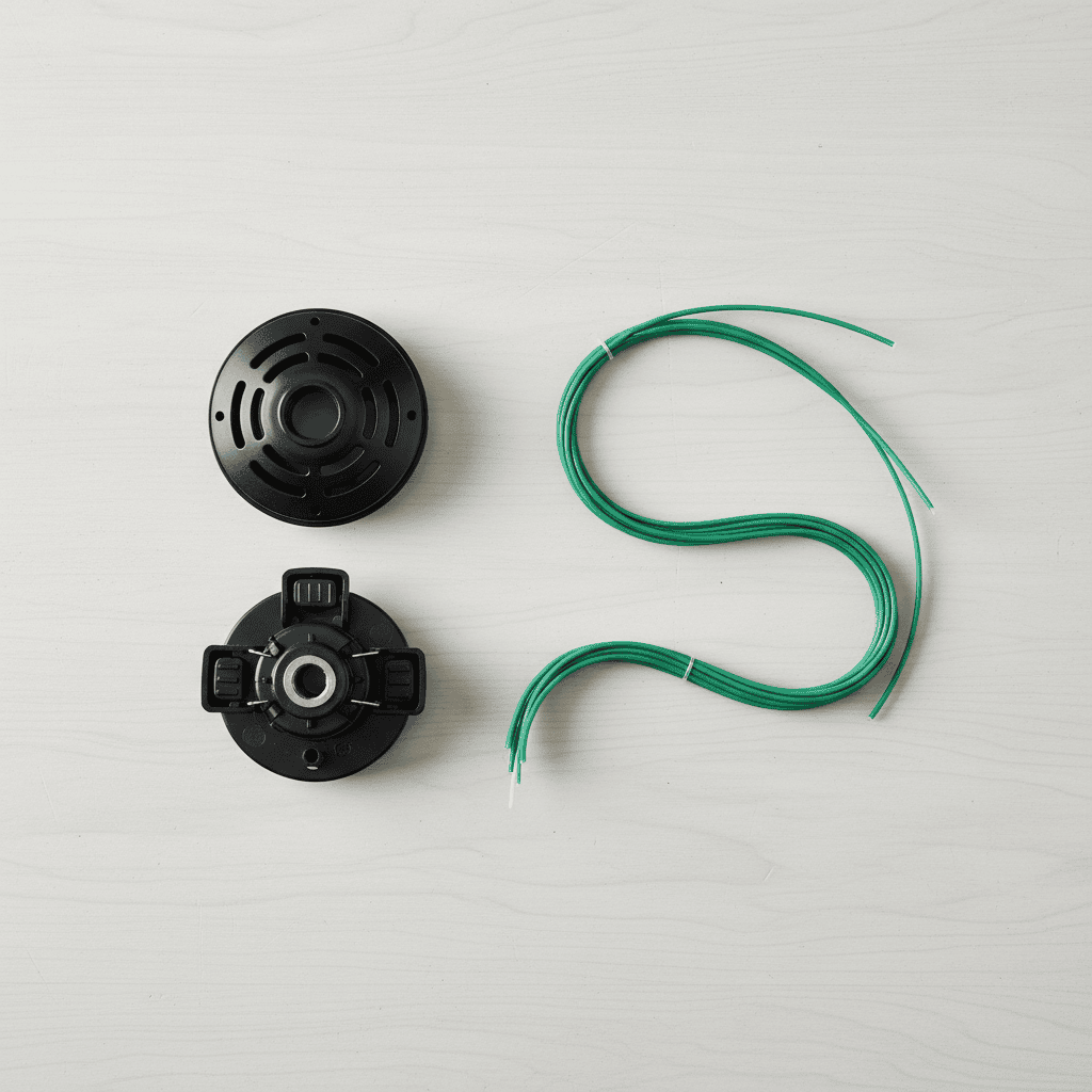 Flat-lay of a disassembled weed wacker head with spool and fresh trimmer line