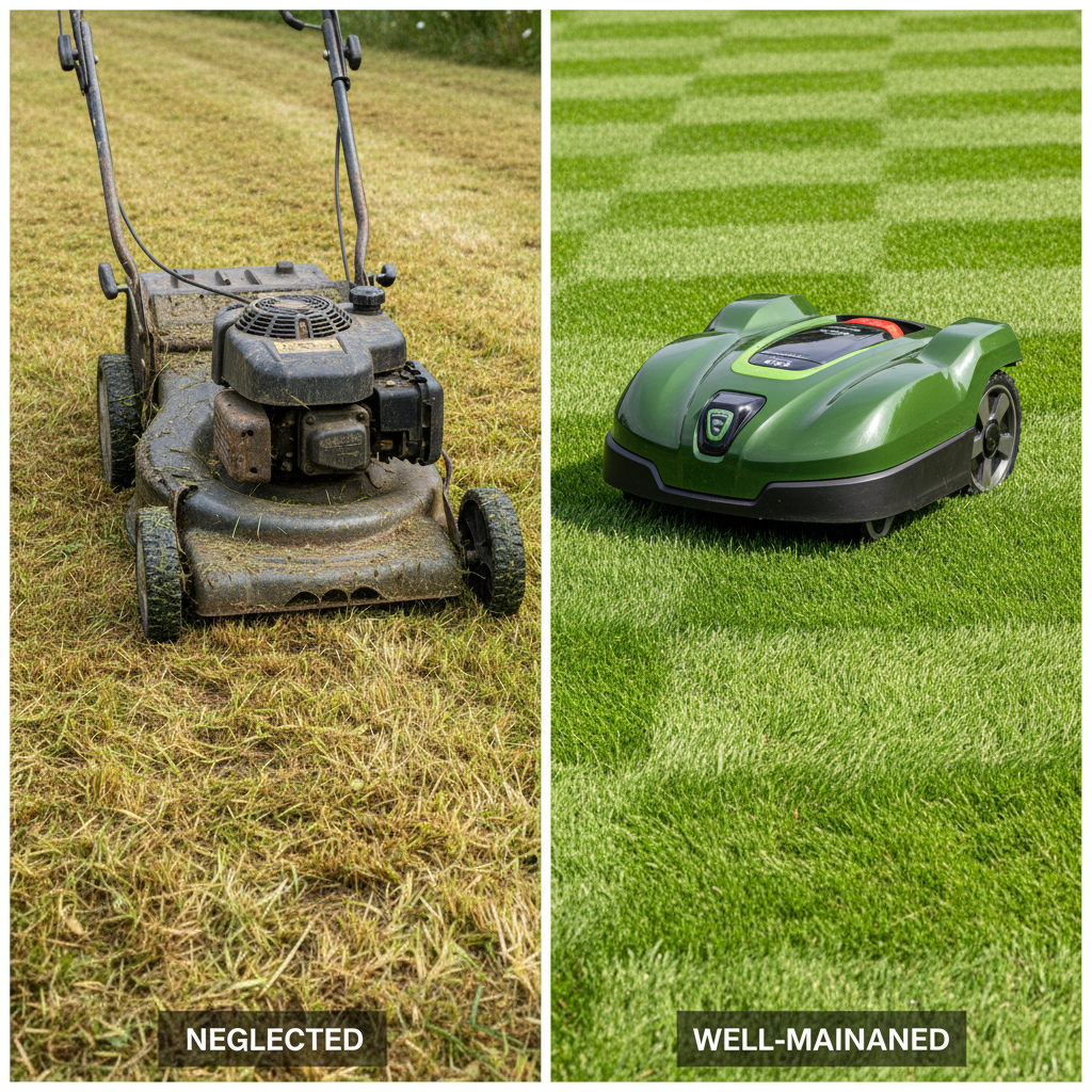 Before and after comparison of lawn condition with neglected versus well-maintained mower
