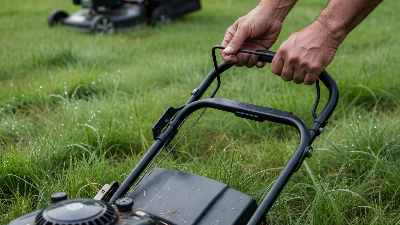 Close-up of hands releasing the safety bar on a push lawn mower.