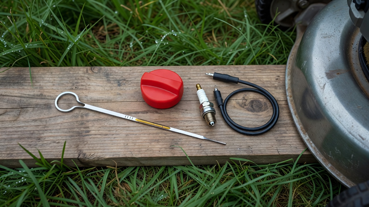 How Do You Turn On a Lawn Mower? A Step-by-Step Guide for Every Mower Type Oil dipstick, fuel cap, and spark plug arranged as a pre-start checklist for a lawn mower