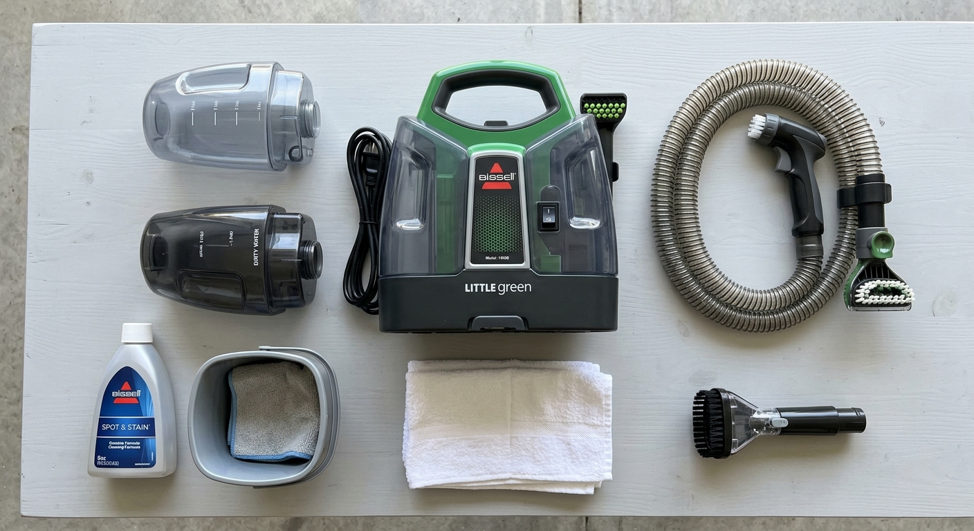 How Do You Use a Bissell Little Green Carpet Cleaner? (Step-by-Step Guide) All parts and supplies for the Bissell Little Green laid out for assembly.