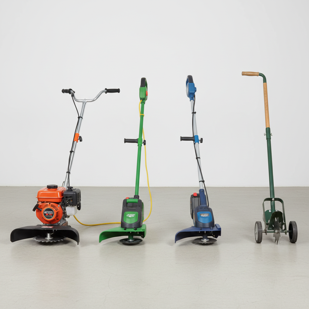 What Is a Lawn Edger and Which Type Do You Have? Comparison of four types of lawn edgers: gas-powered, corded electric, cordless battery, and manual push models