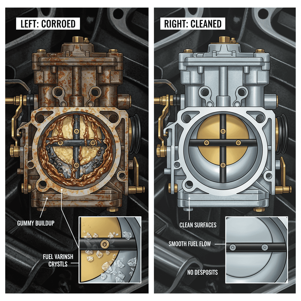 Comparison of a damaged carburetor with gum buildup versus a clean, maintained carburetor