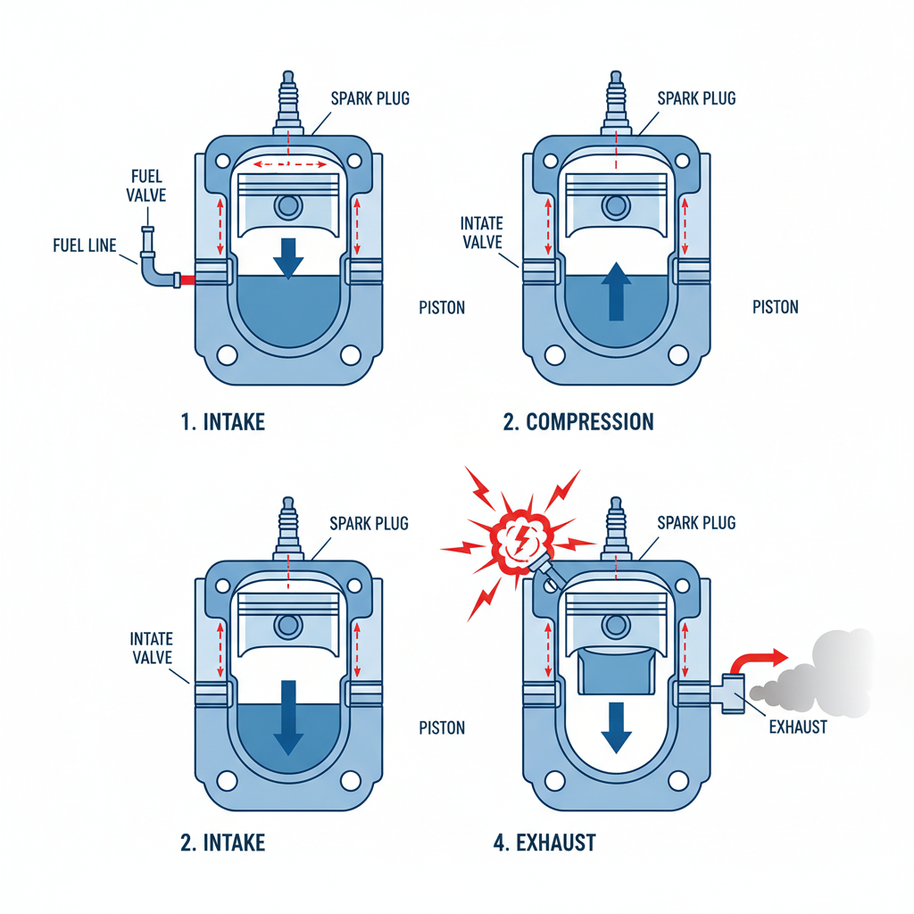 Four-stroke engine cycle diagram with intake, compression, power, and exhaust strokes