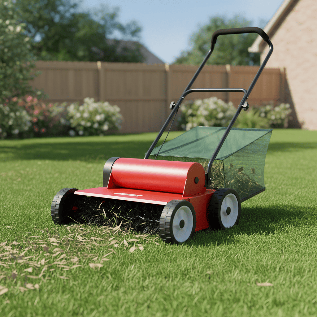 Red push lawn sweeper with mesh hopper and brush housing parked on short green grass