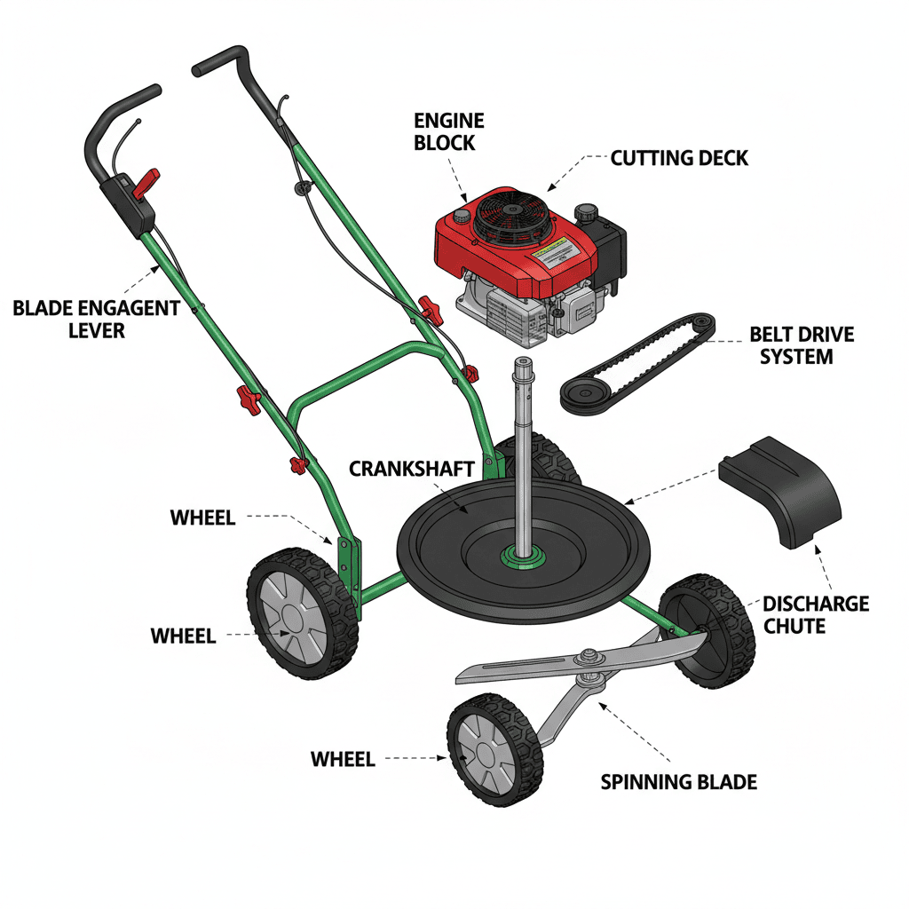 Exploded view of push mower components
