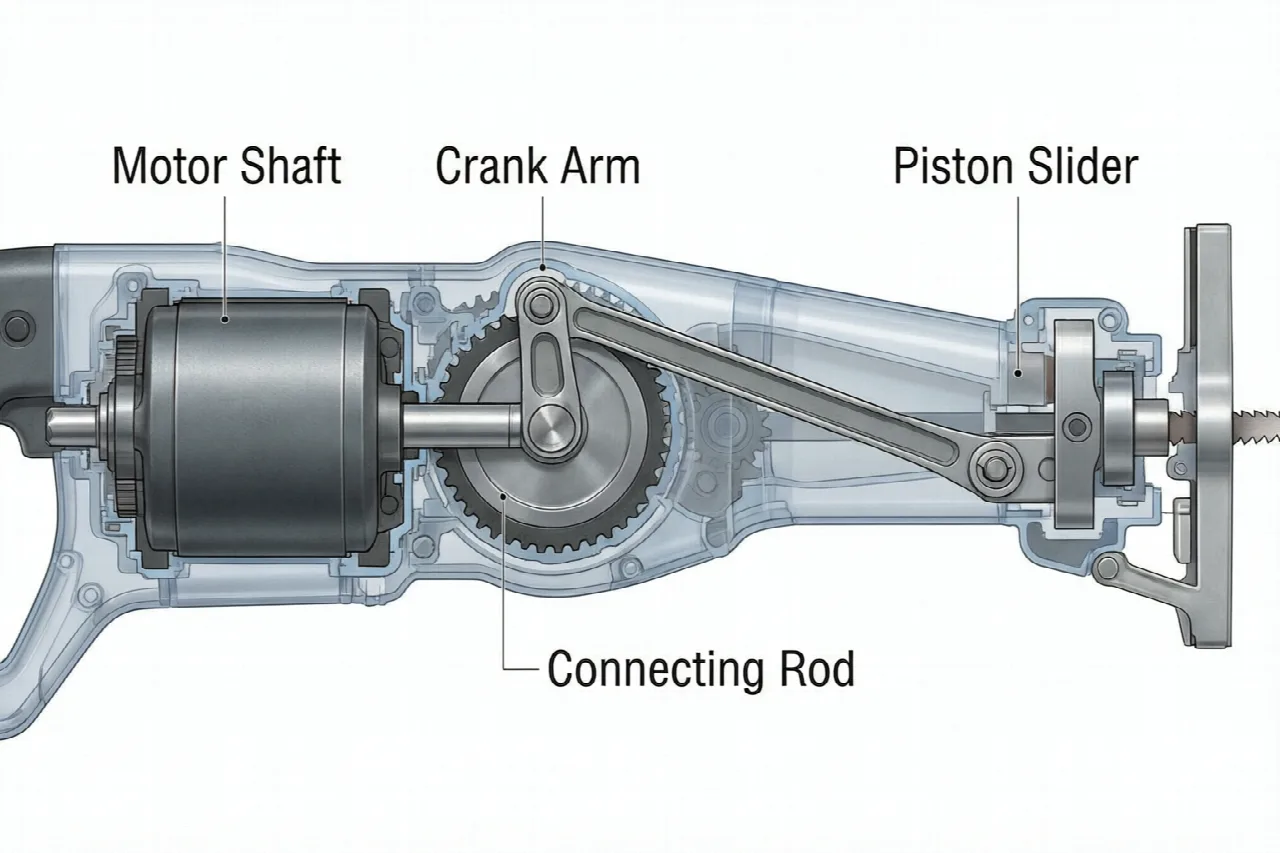 Internal crank mechanism of a reciprocating saw converting rotary motor motion to linear blade reciprocation