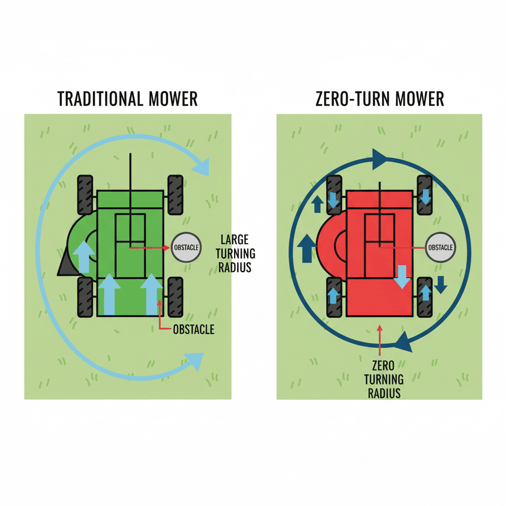 Top-down schematic comparing traditional mower curved turning path versus zero-turn mower tight pivot turning capability