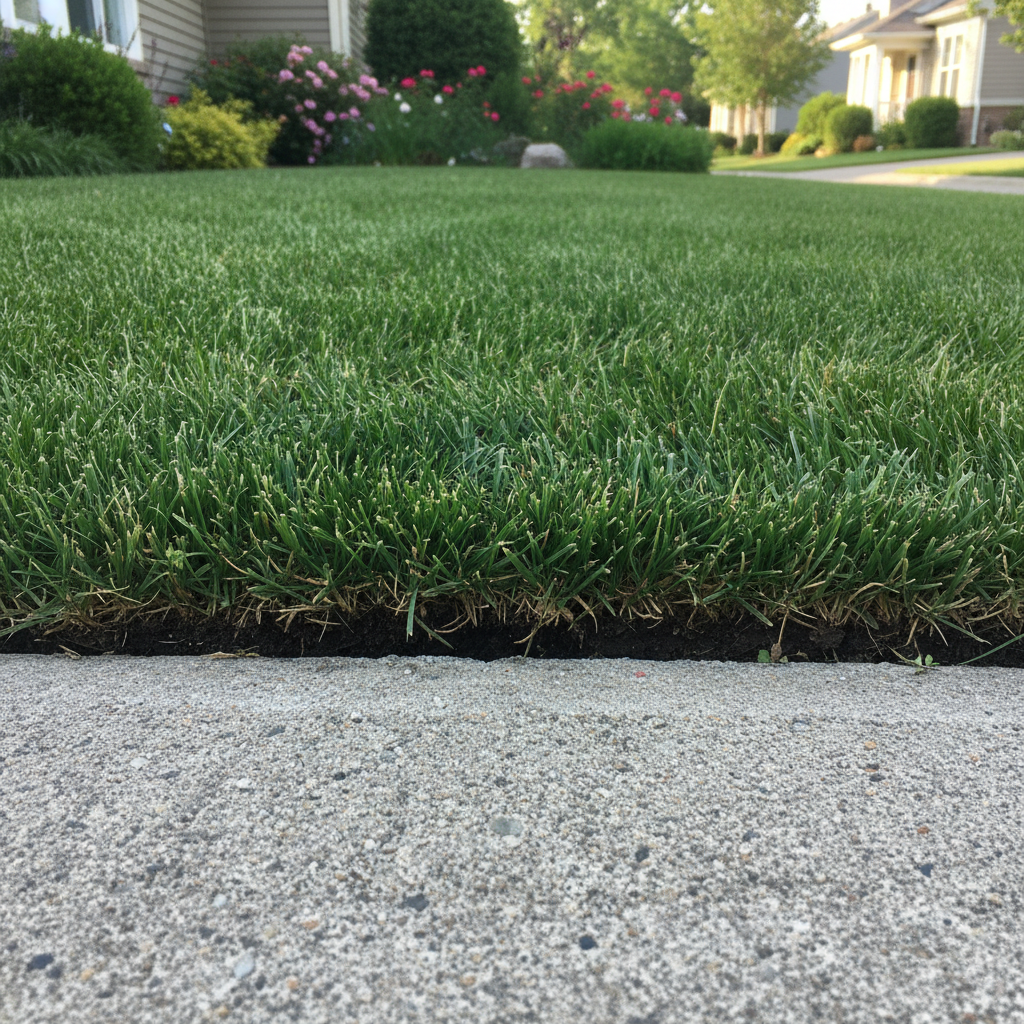 Narrow crisp groove separating lawn grass from a sidewalk