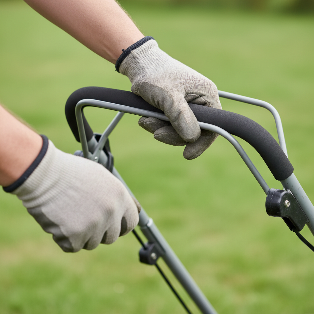Hands squeezing a drive bail on a walk-behind mower handle