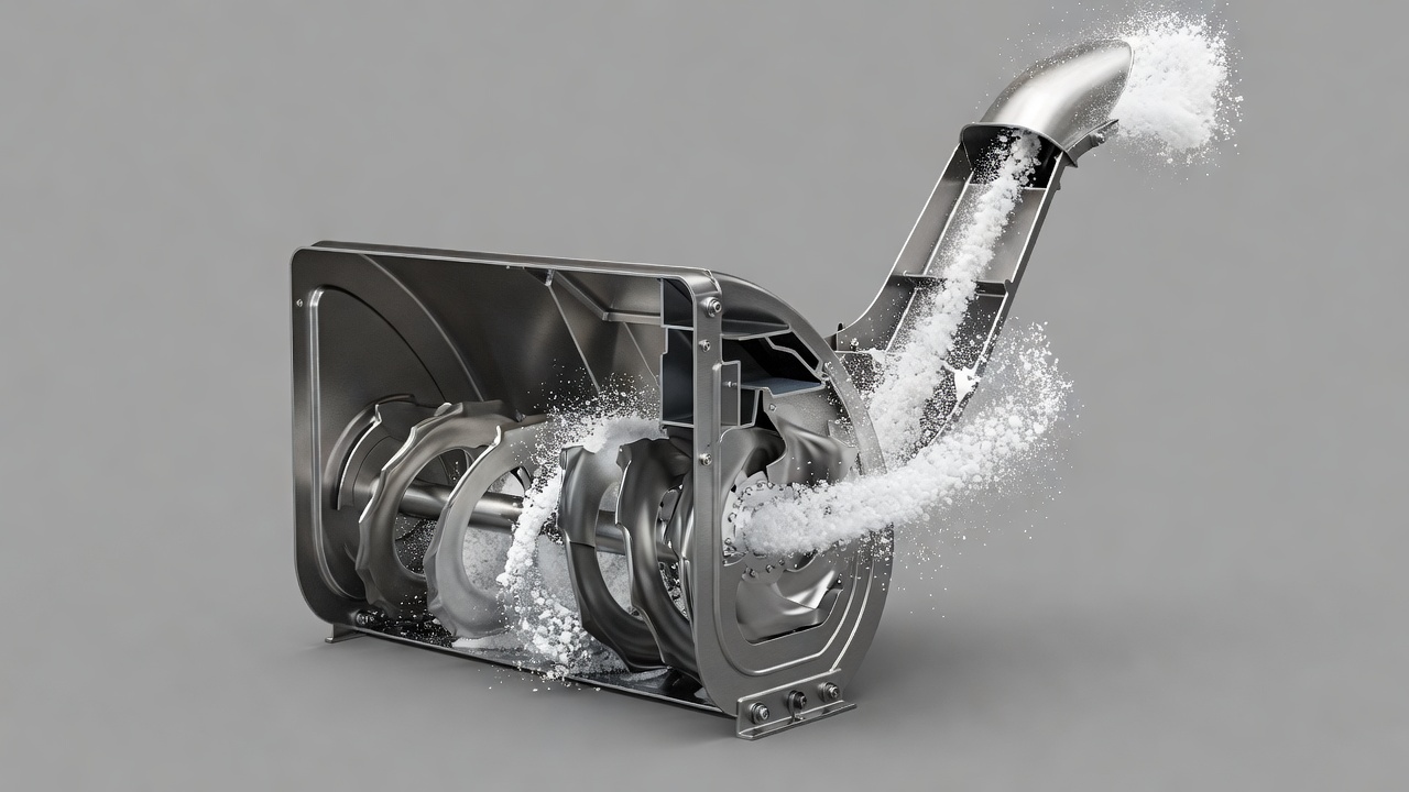Cutaway illustration showing the internal flow path of snow through a snow blower auger, impeller, and discharge chute
