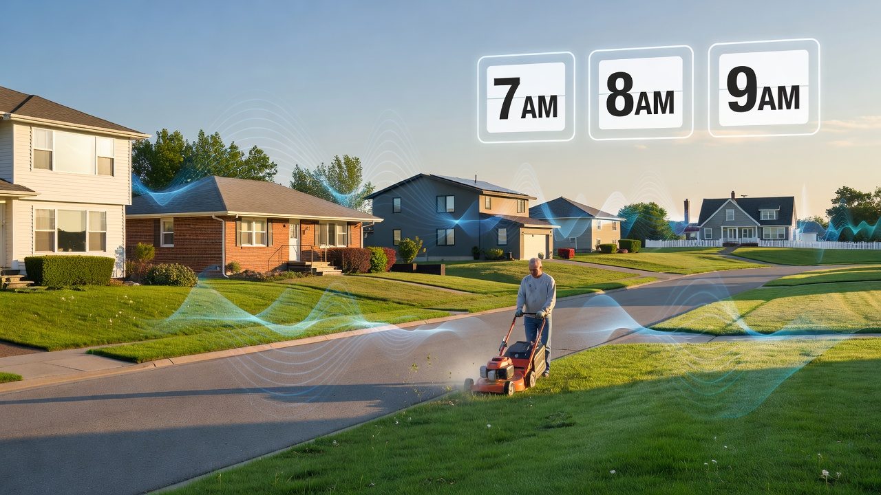 Residential neighborhood depicting noise ordinance timing zones with clock indicators showing restricted and allowed mowing hours
