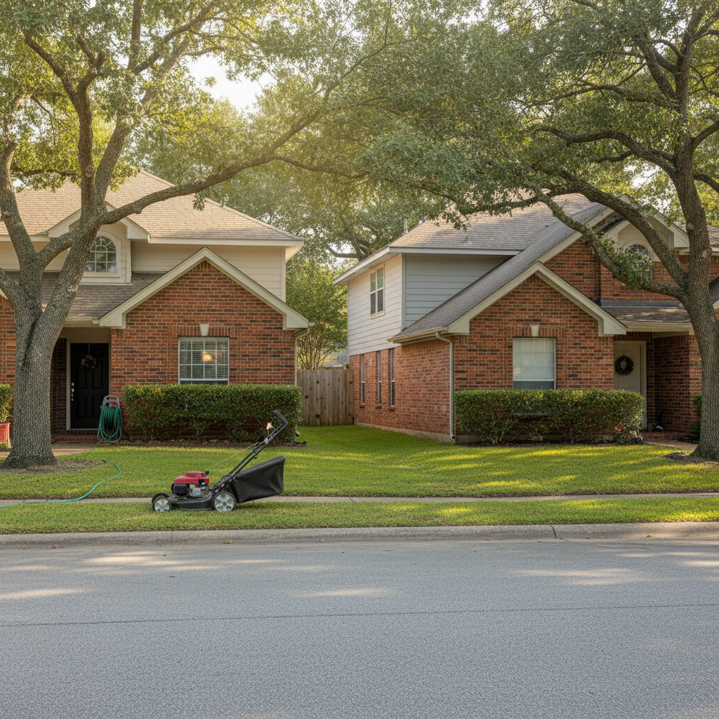 Idle lawn mower on a quiet weekend suburban lawn near neighboring houses
