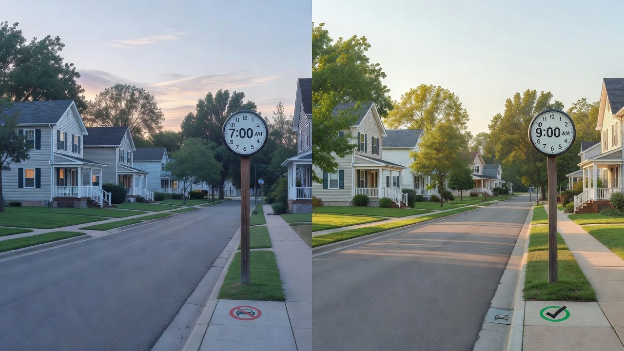 Split-screen comparison of a residential street showing restricted mowing times at 7 AM versus permitted times at 9 AM.