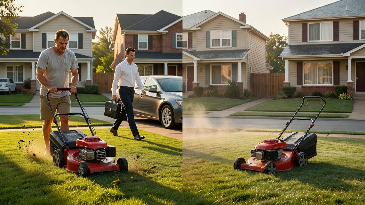 Side-by-side scene contrasting an active weekday lawn mowing morning with a quiet weekend morning where neighbors are still sleeping