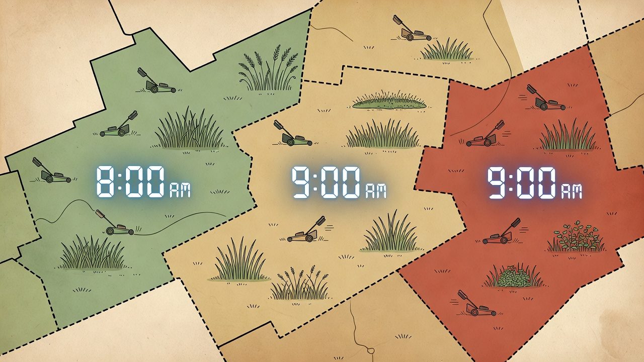 Understanding Local Noise Ordinances Map illustration showing different lawn mowing time regulations across neighboring municipalities