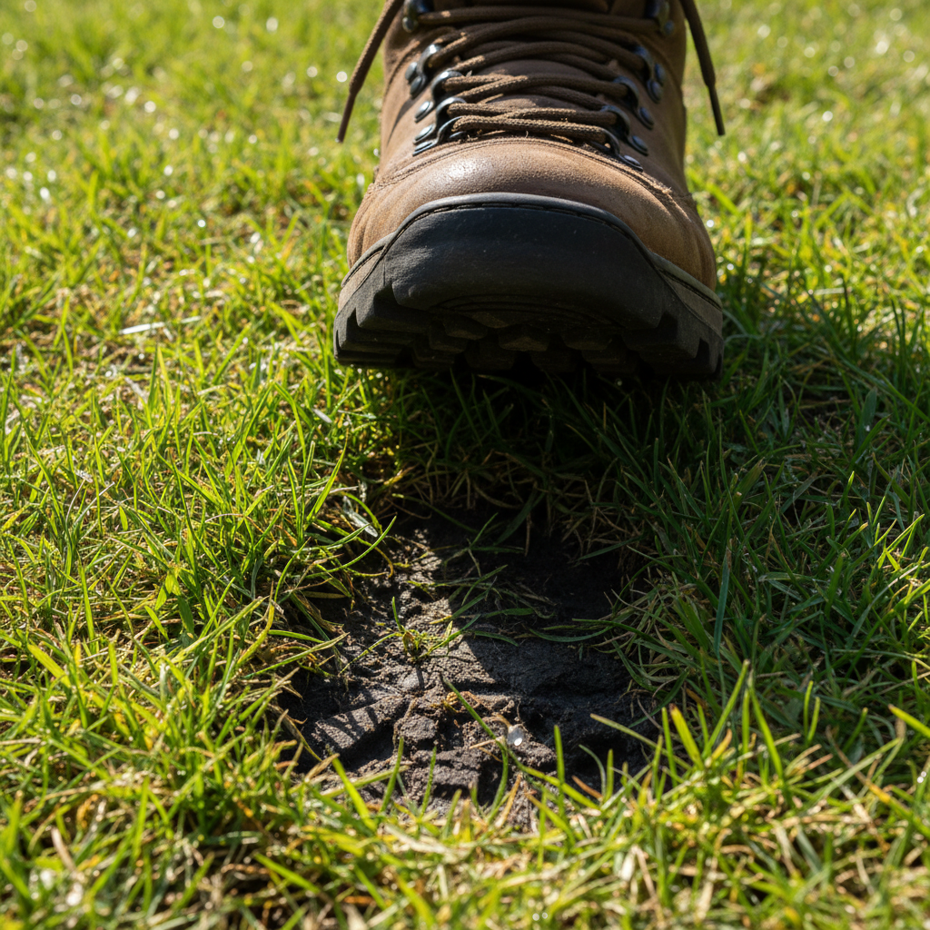How Early To Mow Lawn: Heavy-Duty Reliability Ranked Shoe leaving a dark footprint on still-dewy lawn grass during a morning check