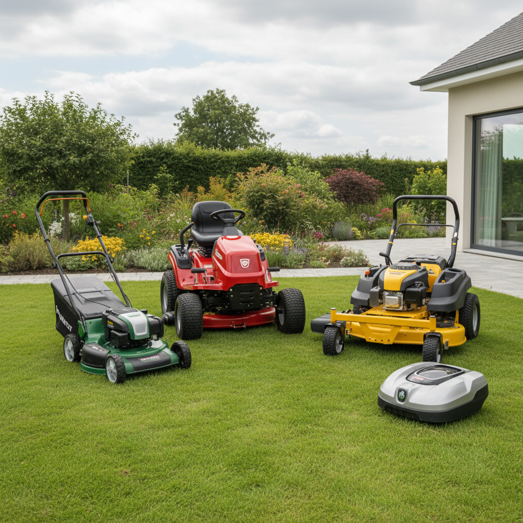 Walk-behind, riding, zero-turn, and robotic lawn mowers on a green lawn
