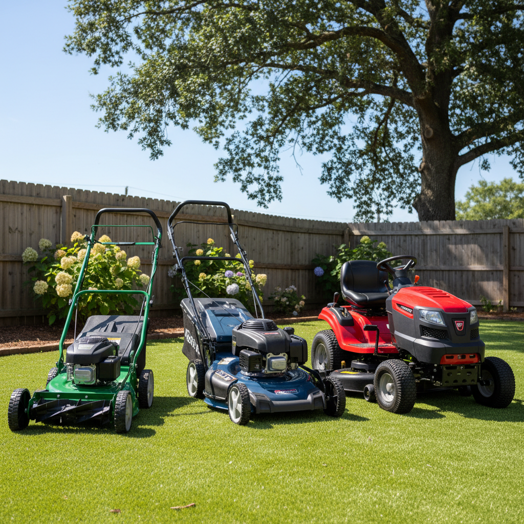 Reel, walk-behind rotary, and riding mowers parked on a backyard lawn