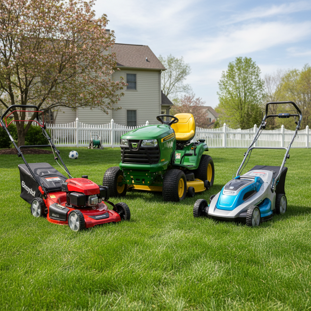 Walk-behind gas, riding, and electric lawn mowers on a grassy lawn