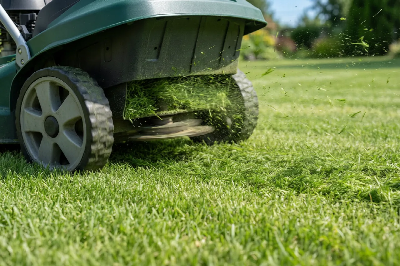 Lawn mower moving across a lawn while its blade cuts grass