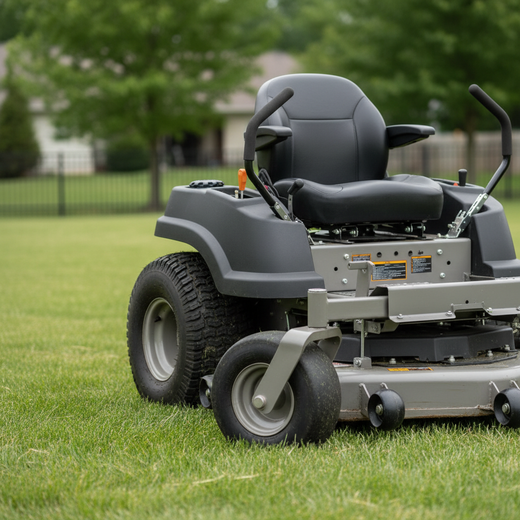 Dual hand levers, rear drive tire, and front caster wheel on a zero-turn mower