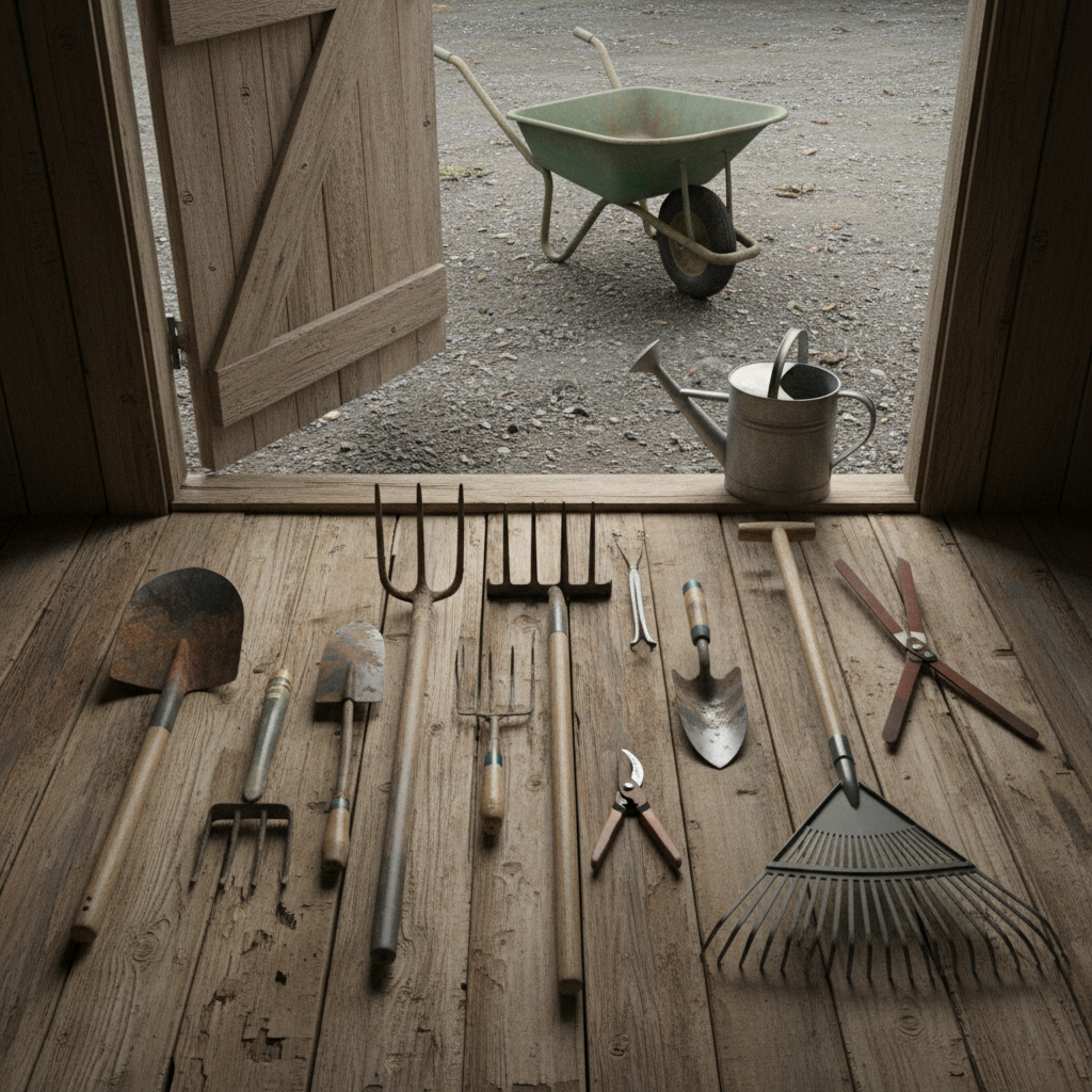 How to Use Garden Tools for Common Gardening Tasks Assorted garden hand tools laid out on wooden boards beside a small wheelbarrow.