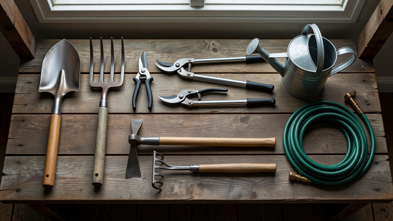 Four categories of gardening tools including digging implements, pruning shears, cultivation rakes and hoes, and watering equipment arranged on a wooden surface