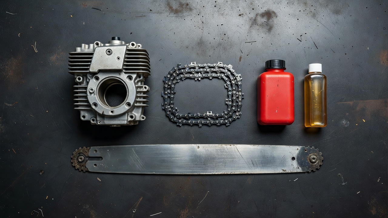 Chainsaw components laid out separately including engine, guide bar, chain, fuel, and bar oil