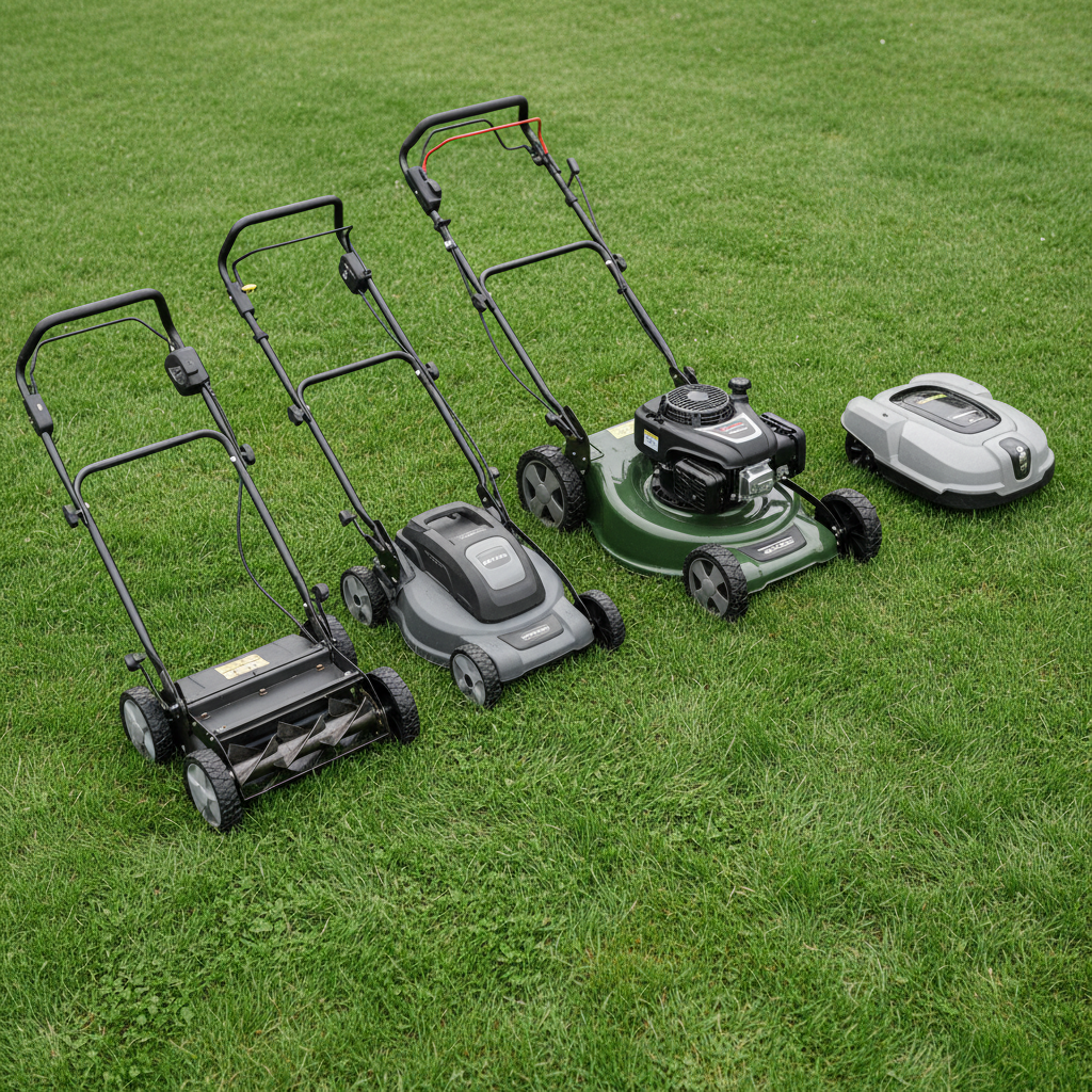 Several unbranded lawn mower types lined up on a lawn to show size differences
