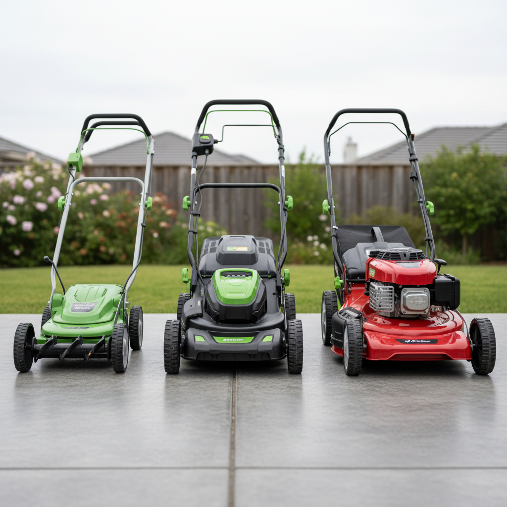 How Heavy Is A Push Mower: Battery Runtime Ranked Reel, battery-electric, and gas walk-behind mowers lined up on a patio
