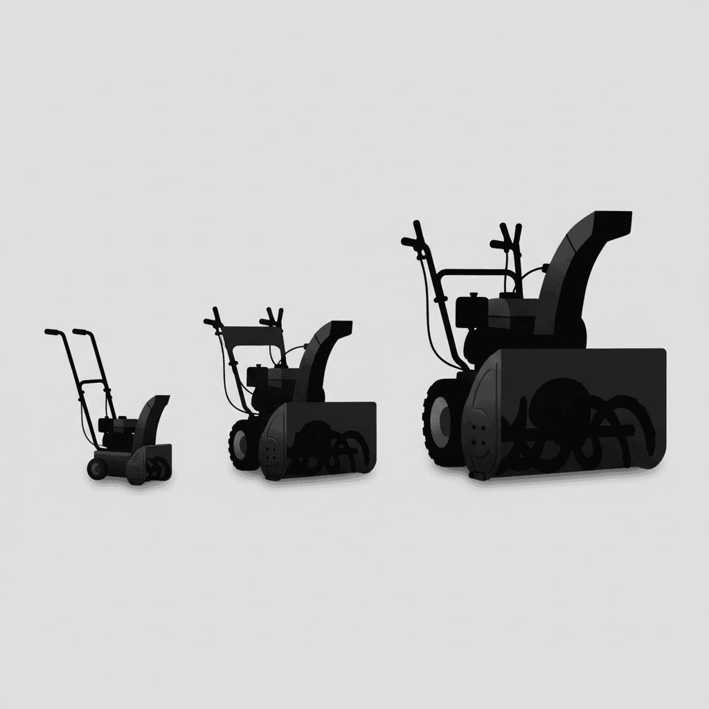 Visual comparison of three snow blower types showing increasing size from single-stage to three-stage