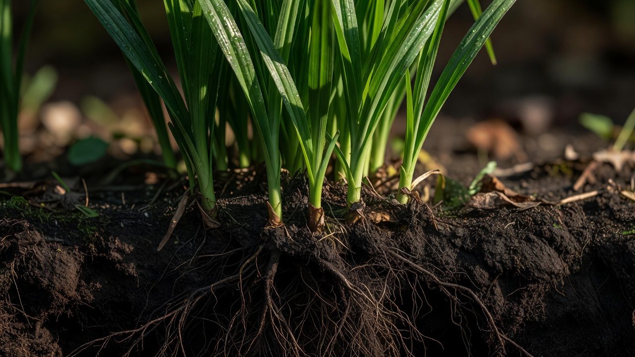 Close-up of healthy grass blades and a deep root system in rich soil.