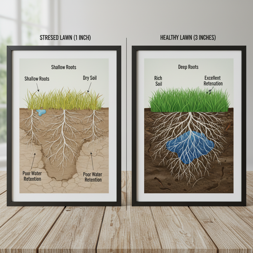 How High Should You Mow Your Lawn? (Complete Guide by Grass Type & Season) Cross-section comparison of grass root systems: shallow roots from short mowing versus deep roots from proper height