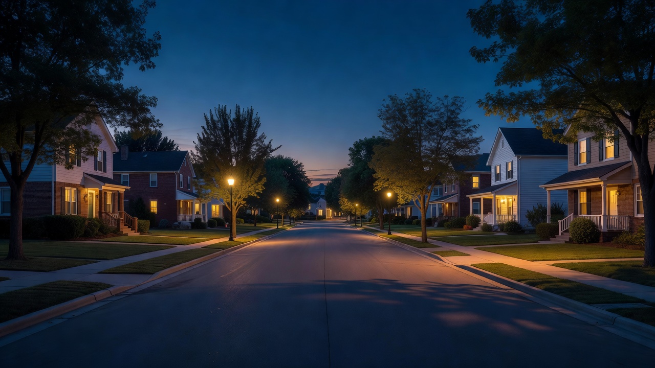 A quiet suburban street at dusk under soft streetlights.