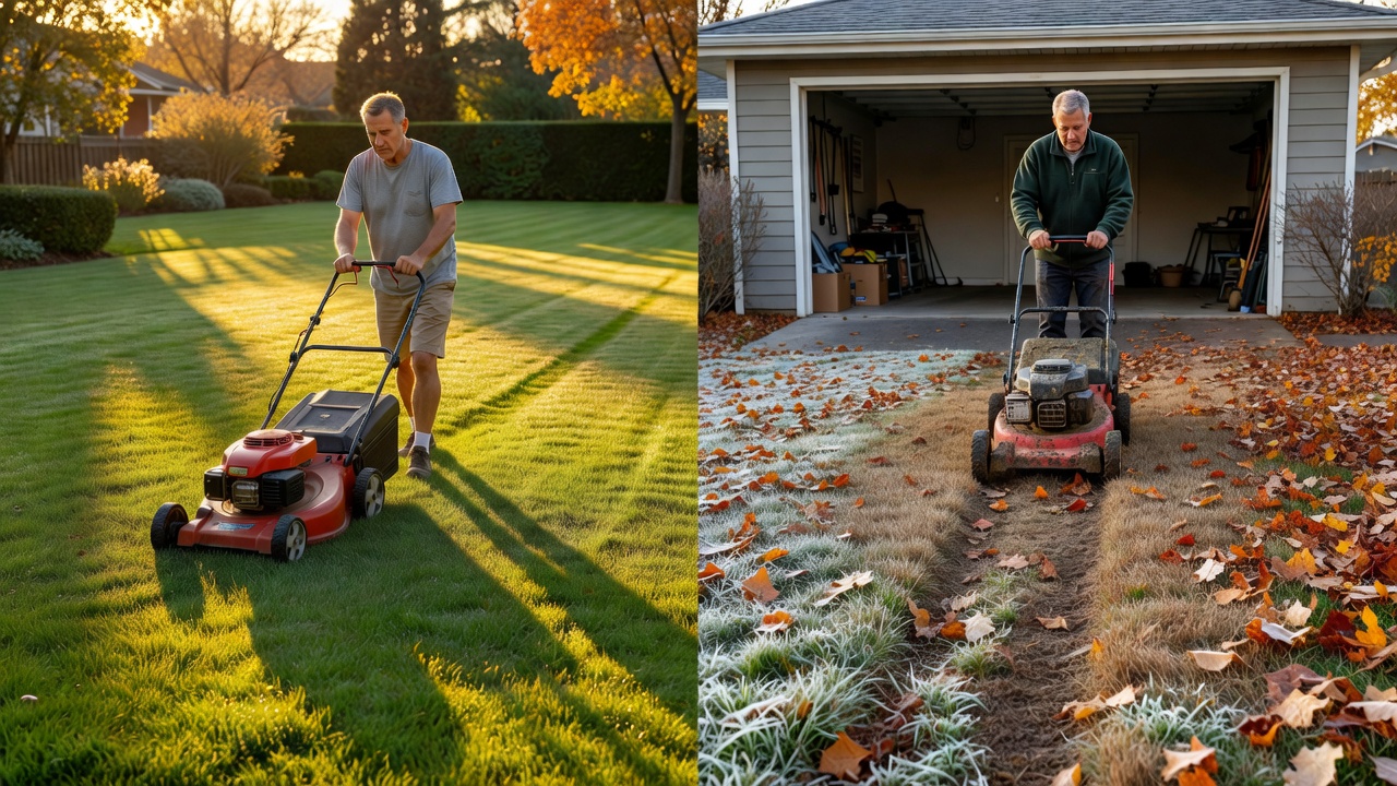 How Late Can You Mow Your Lawn? (Noise Ordinances, HOA Rules & Etiquette) Split scene comparing summer daytime mowing and autumn dormant lawn
