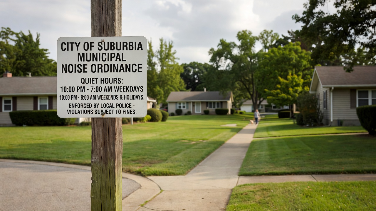 A neighborhood noise ordinance sign posted near a residential street with houses visible in the background
