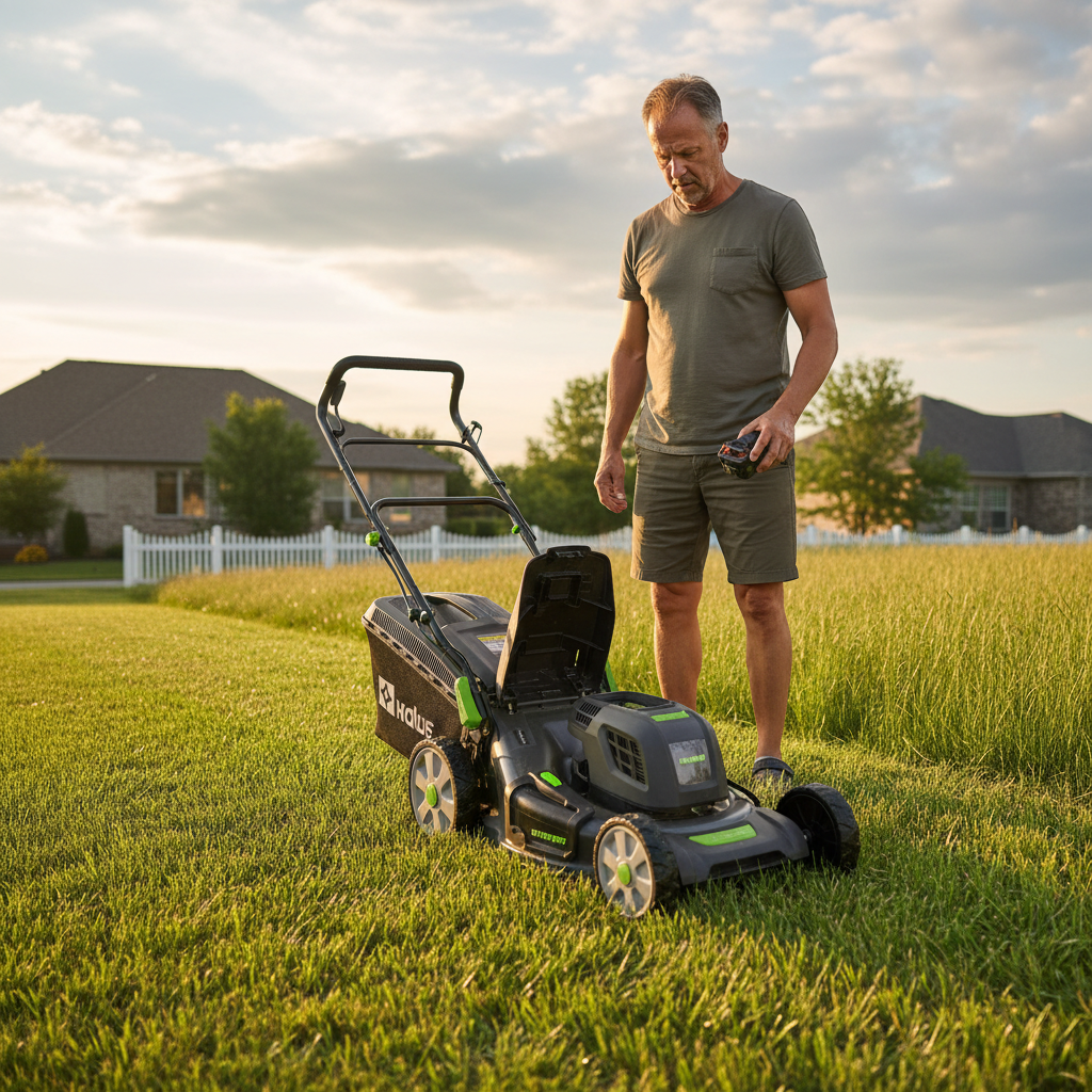 Homeowner checking an electric mower that stopped before finishing the lawn