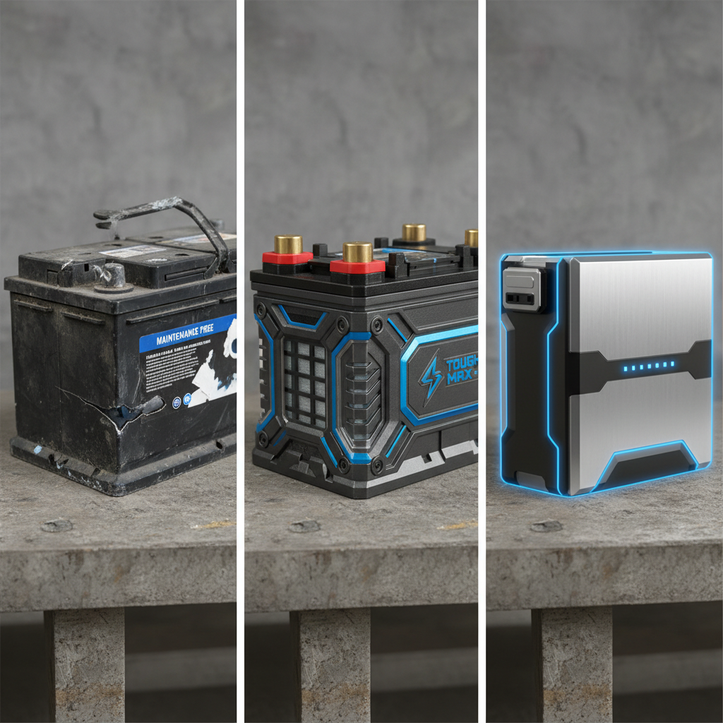 Three types of riding mower batteries displayed side-by-side showing standard lead-acid, premium lead-acid, and lithium-ion options