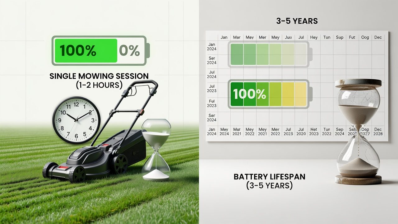 Runtime Per Charge vs. Total Lifespan: Understanding the Difference Split comparison showing a battery draining during a single mowing session on the left, and a fading battery over a multi-year timeline on the right