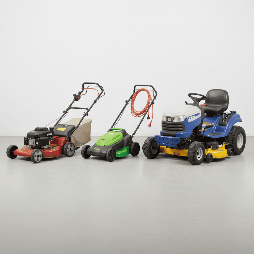 How Long Does a Lawn Mower Last? Lifespan by Type & Maintenance Guide Four types of lawn mowers displayed in order of size and complexity