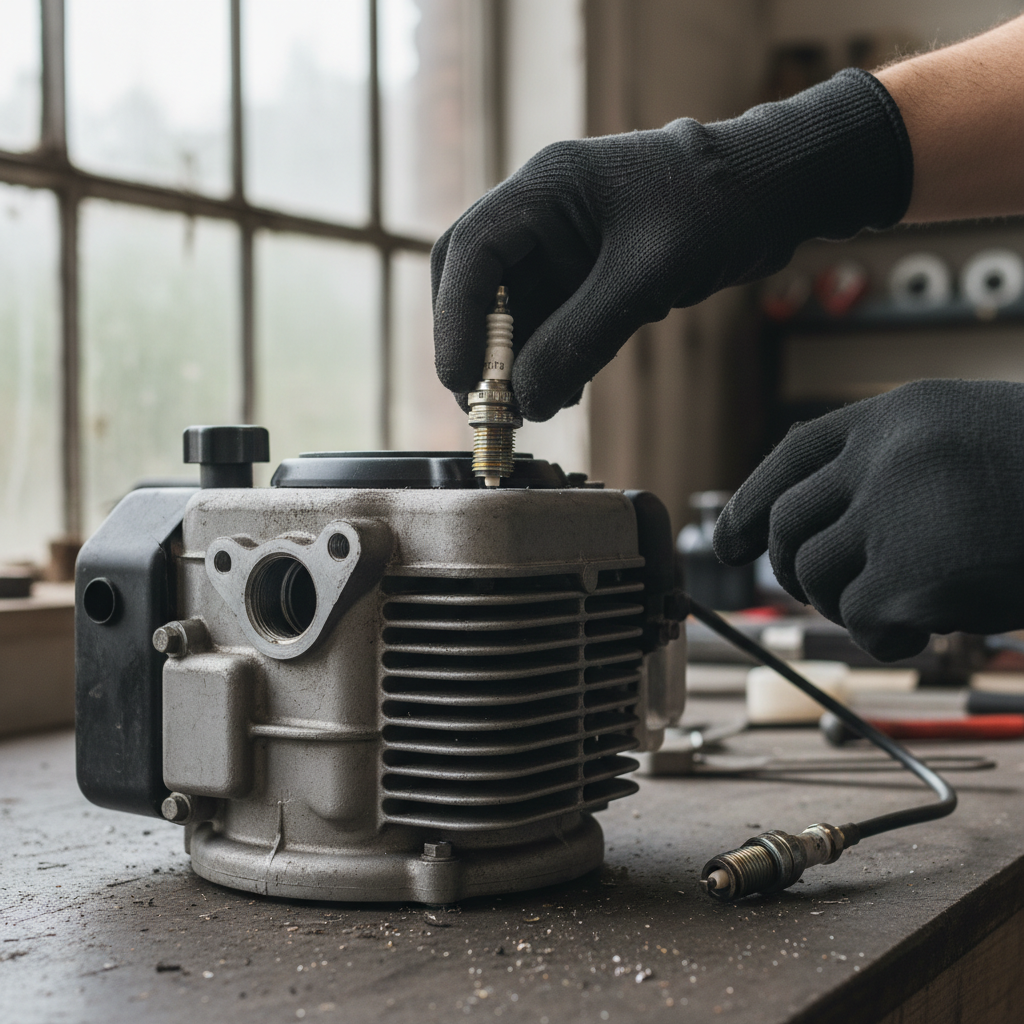 Gloved hands removing a spark plug from a cooled lawn mower engine with the wire disconnected