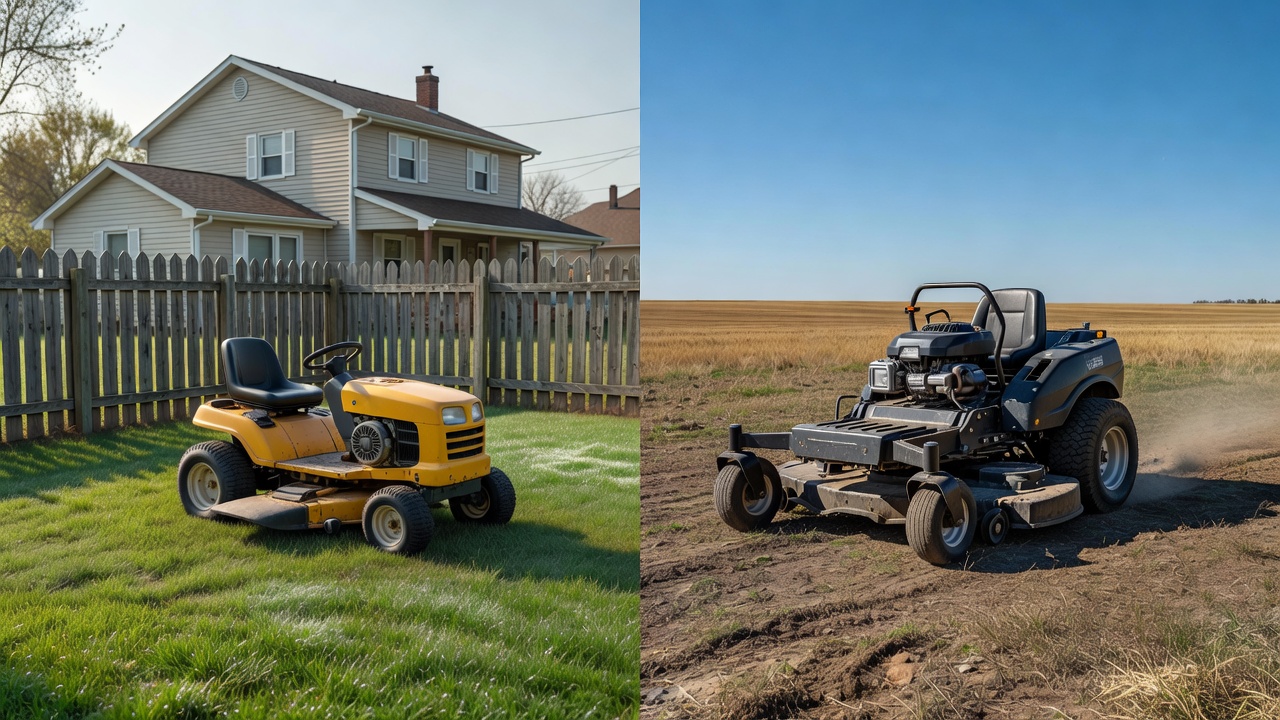 How Long Does a Riding Lawn Mower Last? (Years, Hours & What Affects Lifespan) Residential riding mower beside a commercial zero-turn mower illustrating different use types