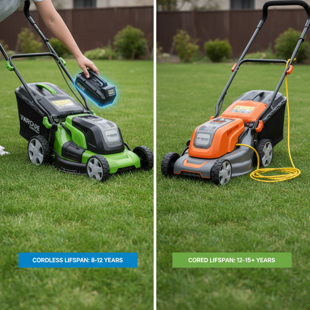 How Long Does an Electric Lawn Mower Last? (Lifespan & Durability Guide) Side-by-side comparison of cordless and corded electric lawn mowers