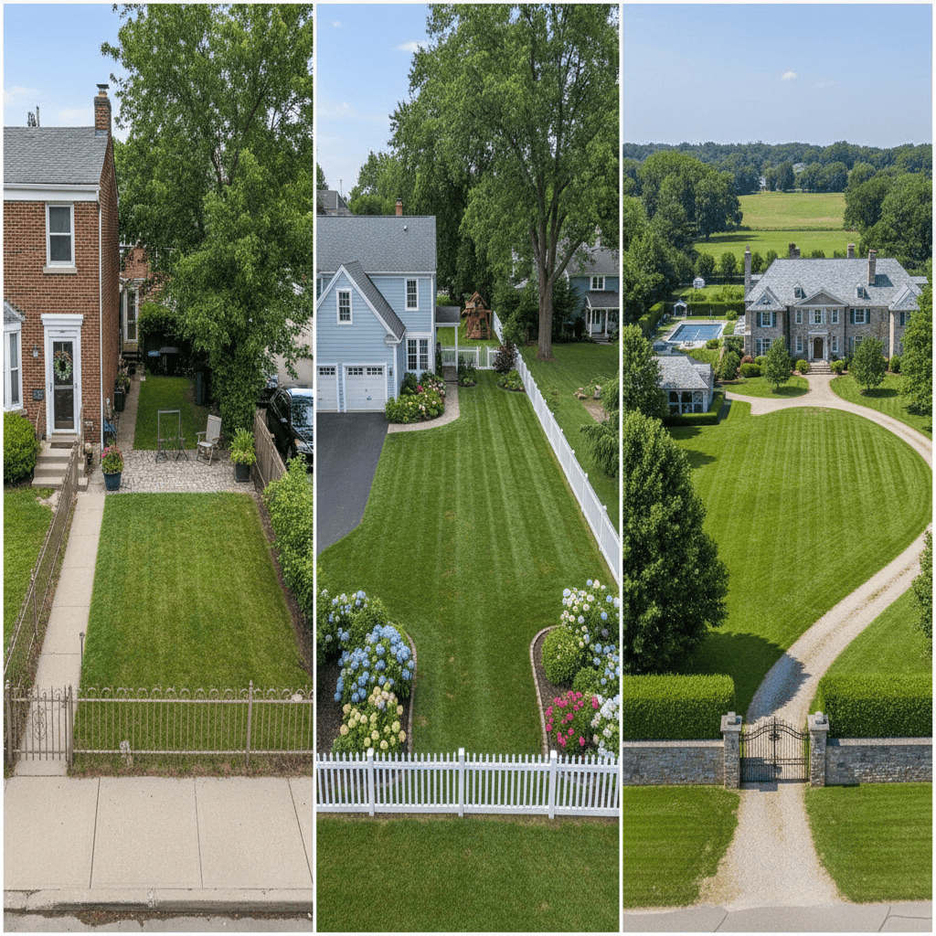 Three lawn sizes compared: small under 5,000 sq ft, medium 5,000-10,000 sq ft, and large over 10,000 sq ft properties
